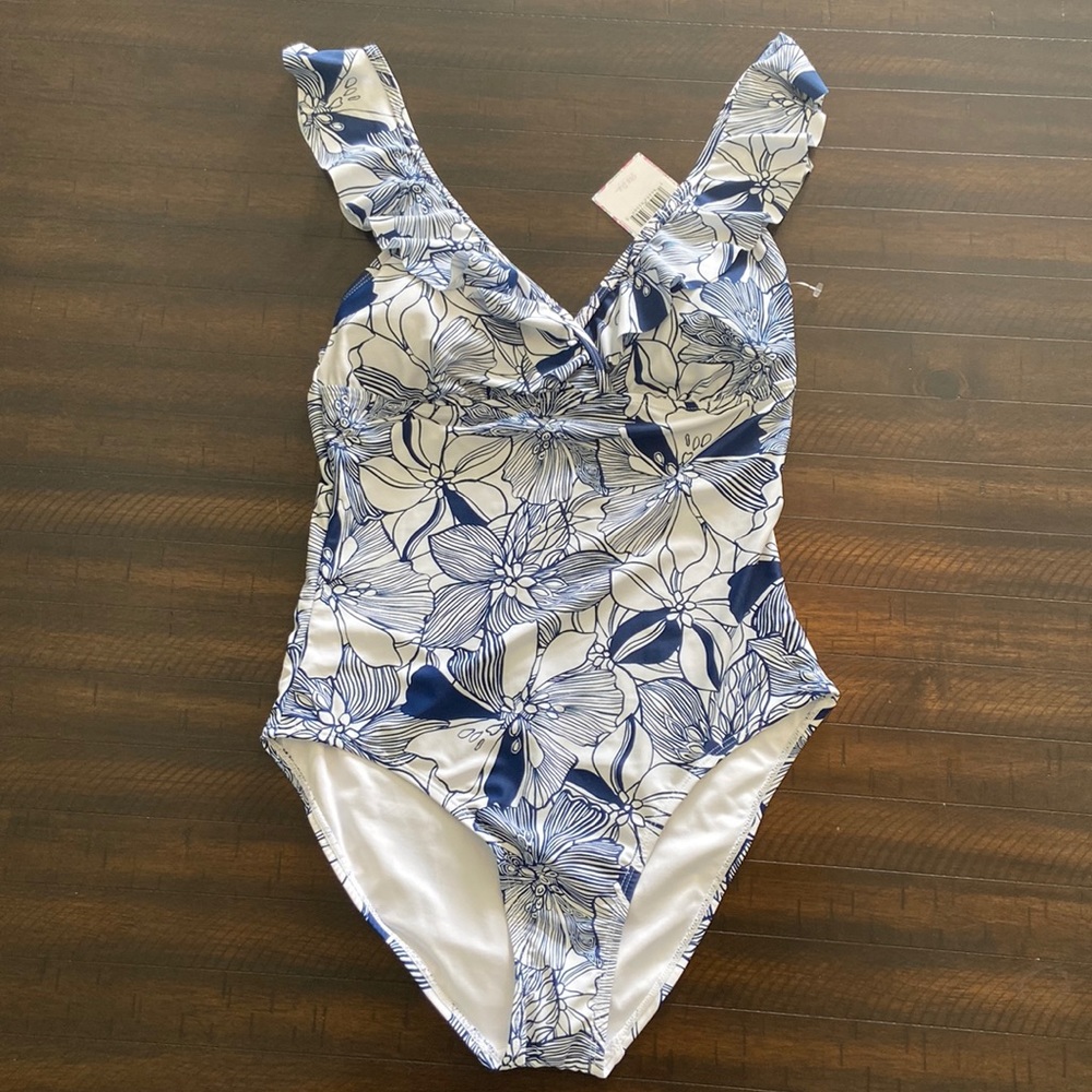 Stella Parker floral 1pc Swimsuit BLUE WHITE hibiscus NWT Large